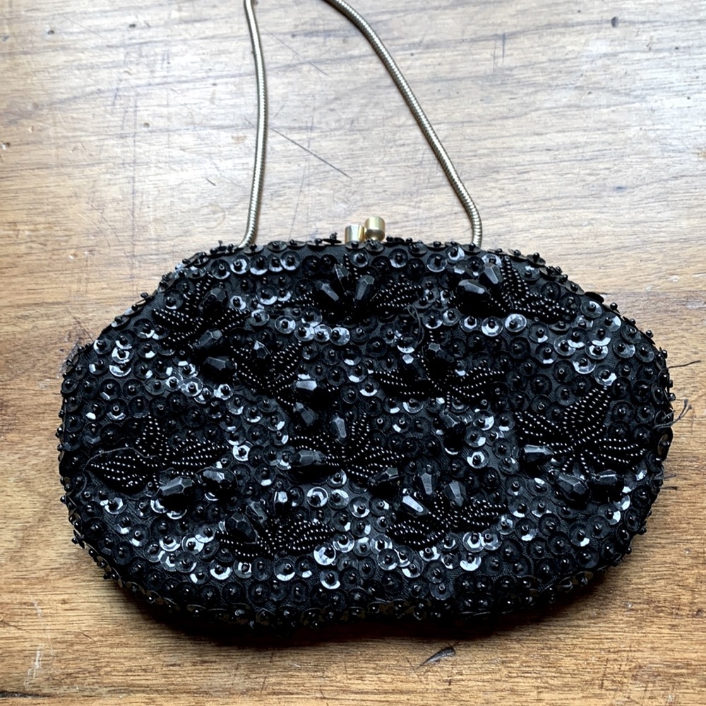 Vintage black evening purse. Hand made beaded in Hong Kong.